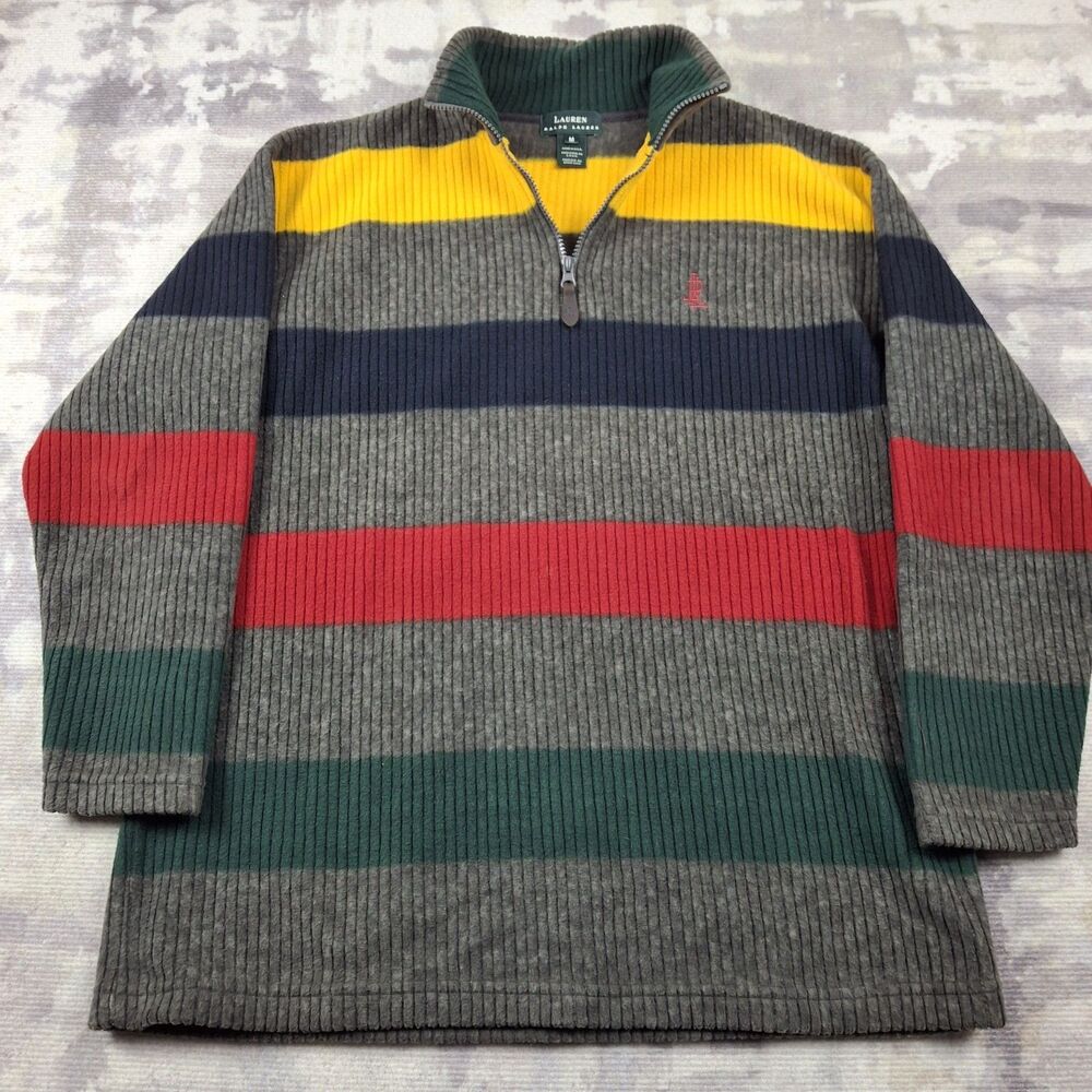 Vintage Lauren Ralph Lauren Fleece 1/4 Zip Sweater Medium Striped Made In USA